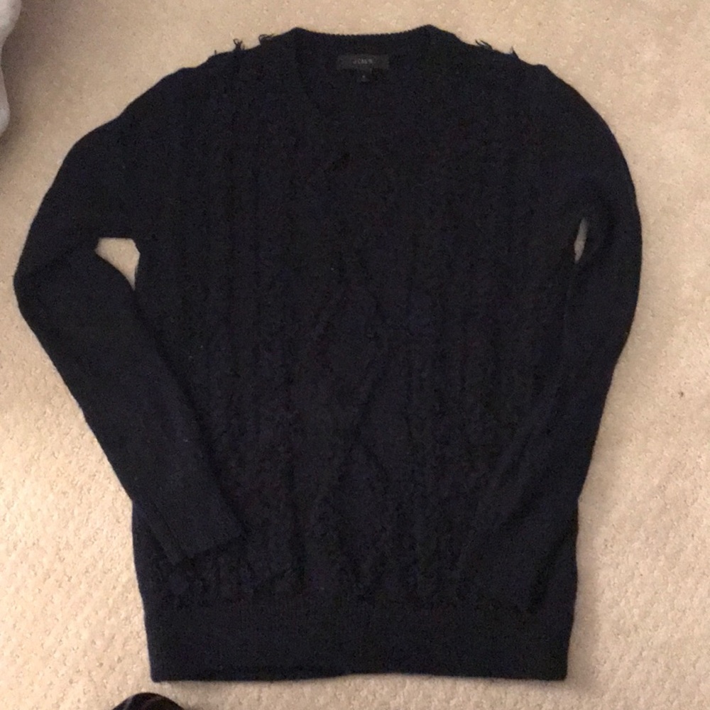 J.crew navy fringe cable sweater pullover