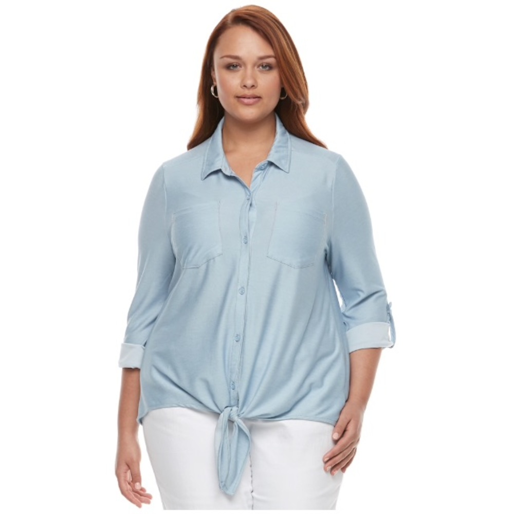 Plus Size 3X Top Light Blue Chambray New Button