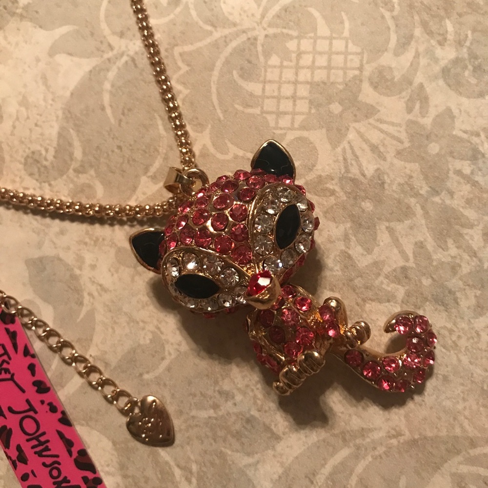 Betsey Johnson pink fox necklace bling glitz gold