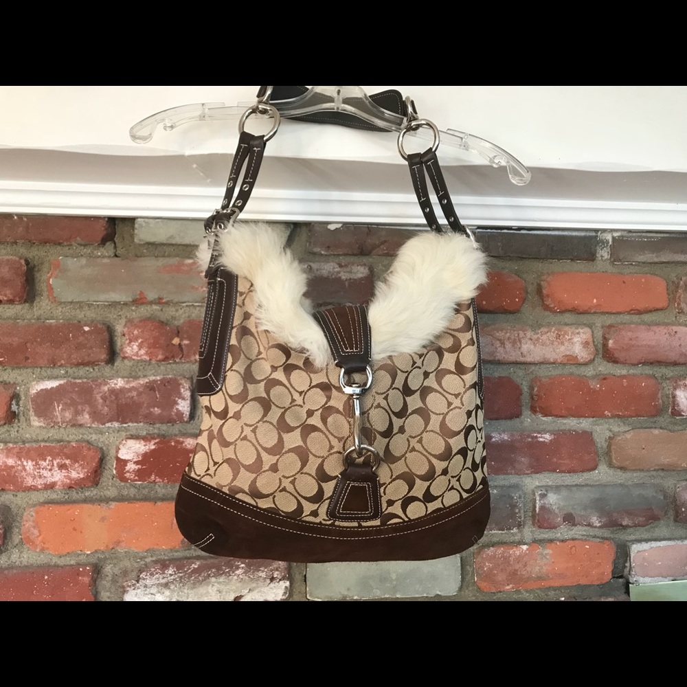 Coach Leather Canvas Faux Fur Purse