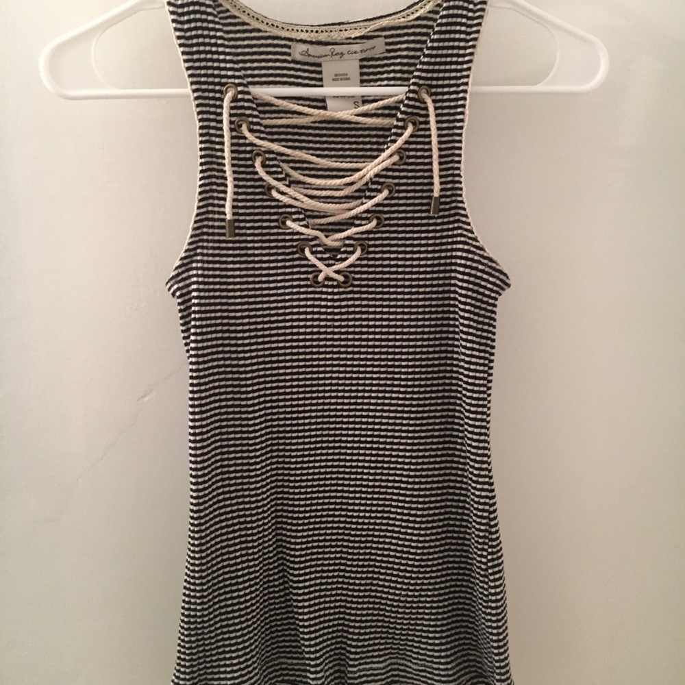 Striped tank top with lace tie