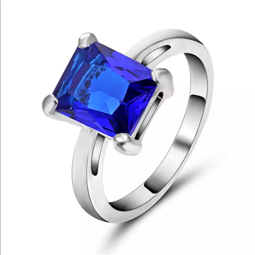 Blue Sapphire 10k White Gold Filled Ring Size 9