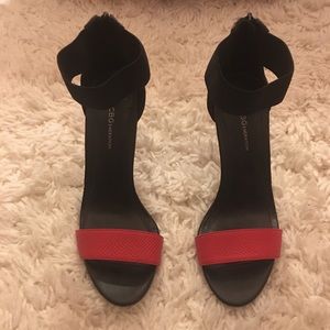 BCBG zip heel ankle strap pumps. Red and black.