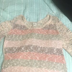Tan sweater with pink, green, brown strip detail