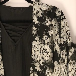 Sheer Black & White Floral Shawl with Black Shirt