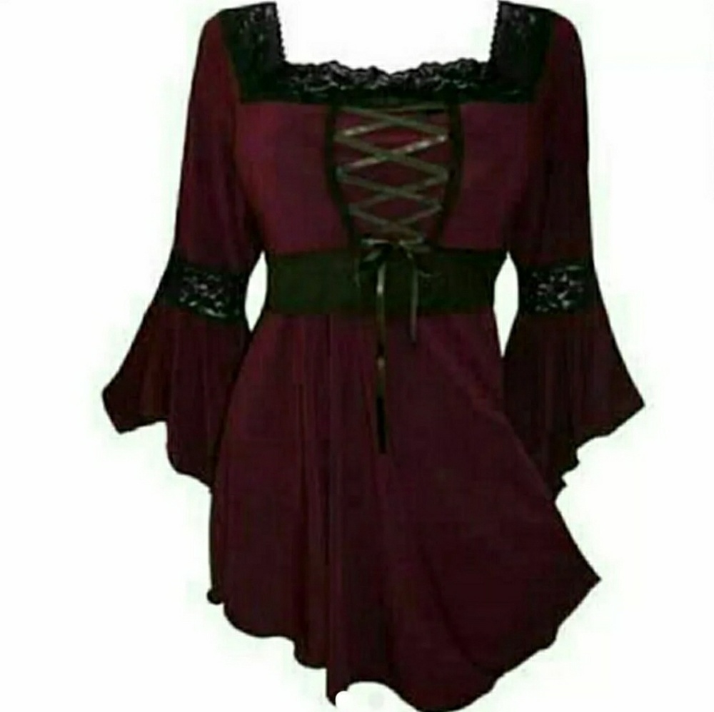New Burgundy Empire Lace Up Flowy Top S-XL