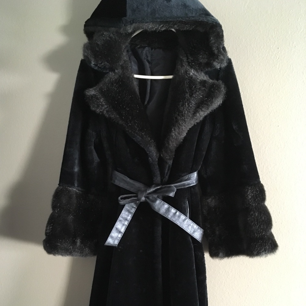 Black faux fur long coat with hood & pockets