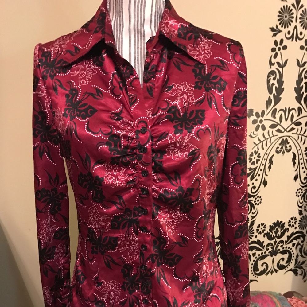 Gorgeous deep red and black satin print blouse