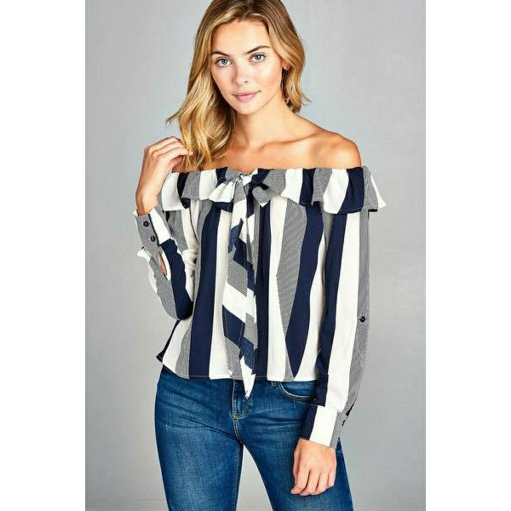 flounce ribbon tie stripe woven top
