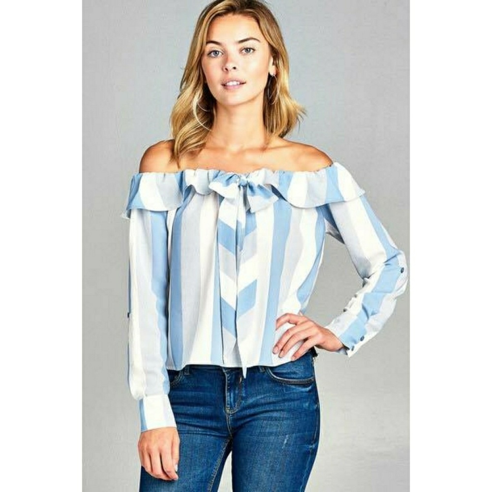 flounce ribbon tie stripe woven top