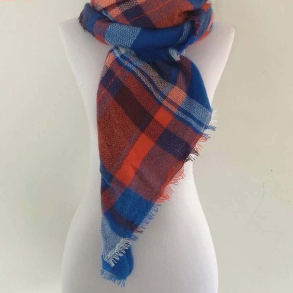 Blue Orange White Fringe Plaid Blanket Scarf Wrap - Picture 2 of 4