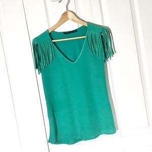 Zara - green blouse w/ fringe shoulders