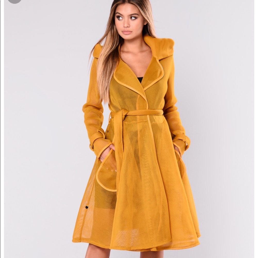Mustard yellow fishnet trench coat