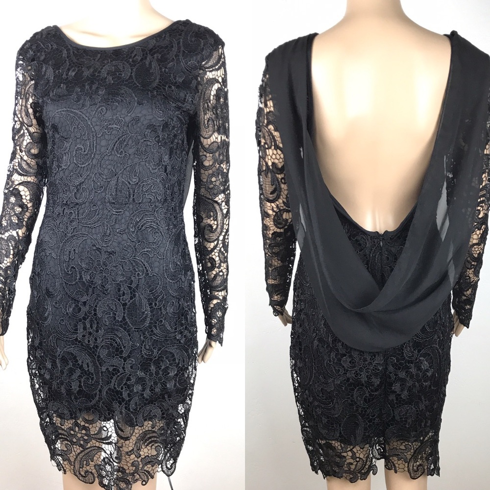 Black lace backless chic long sleeves midi dress