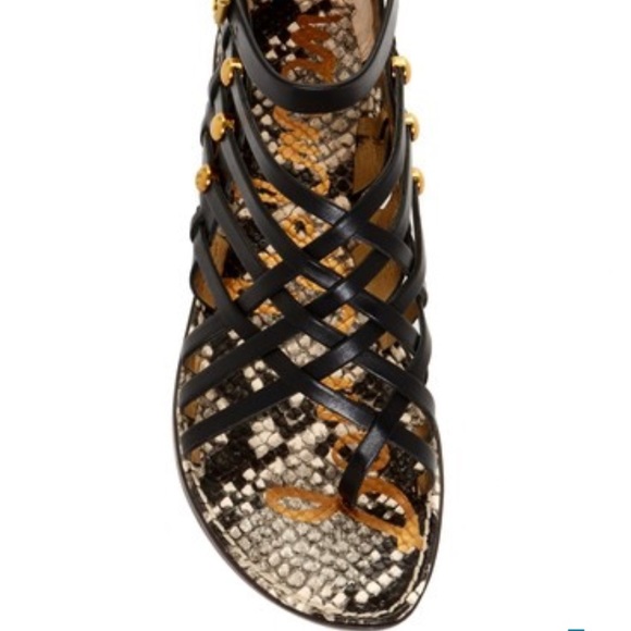 Black Snake Print Leather Caged Gladiator Sandals - Picture 5 of 6