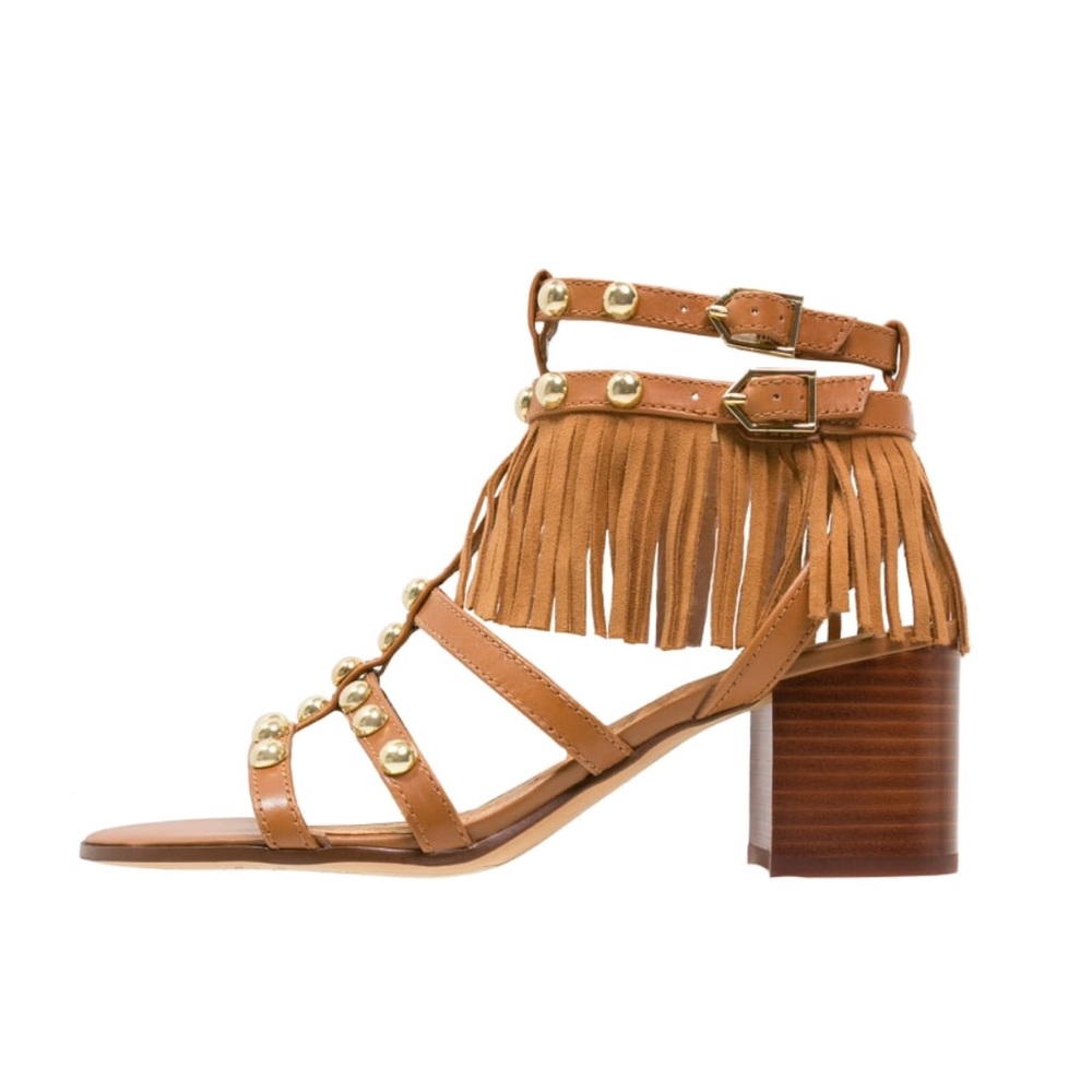 Fringe Block Heel Studded Boho Chic Sandal - Picture 4 of 6