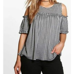 Boohoo Gingham Cold Shoulder Ruffle Top