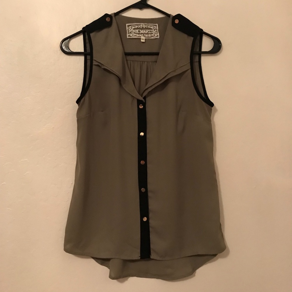XS Pink Martini Olive Green Gold Detail Button Top