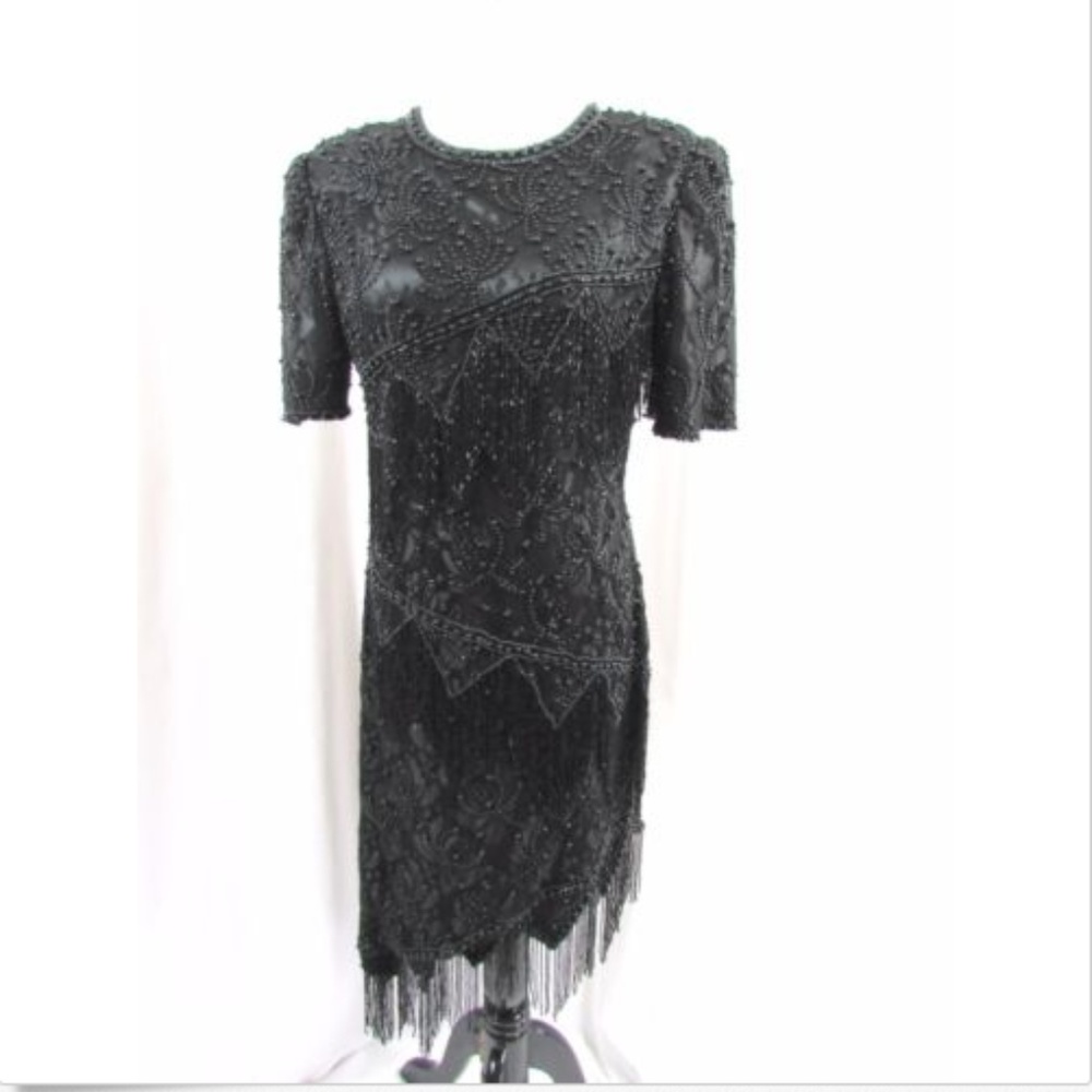 Scala Vintage Beaded Sequin Fringe Dress Asymmetr