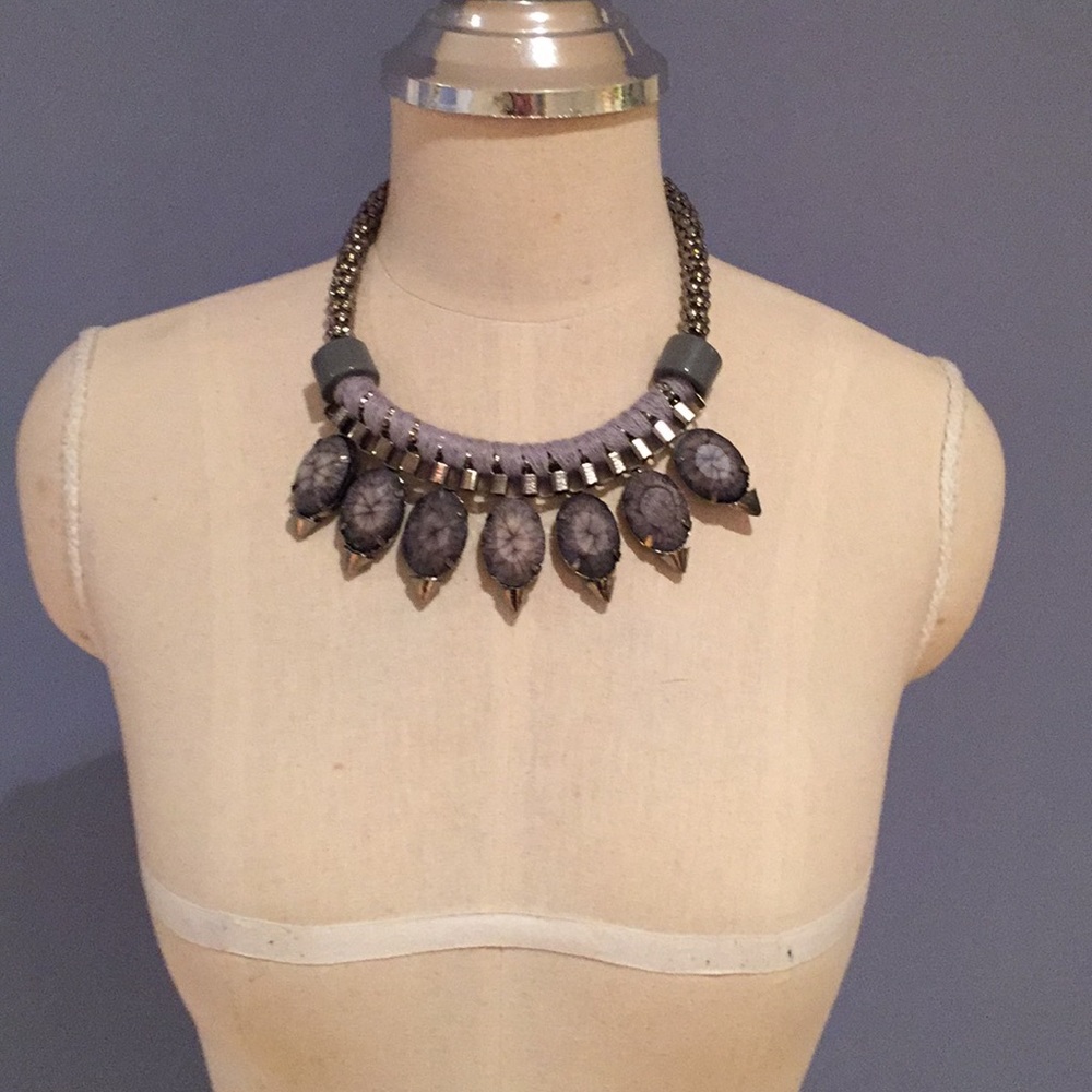 Statement Necklace Silver Gray Chain w Stones