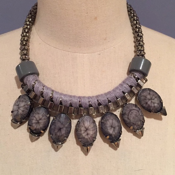 Statement Necklace Silver Gray Chain w Stones - Picture 2 of 4