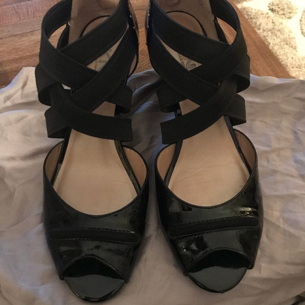 DKNY Patent Black Criss-Cross Peep Toe Wedges