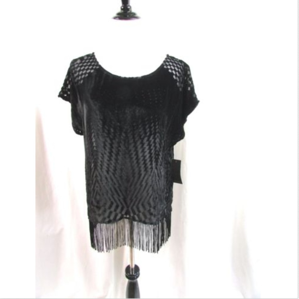 Ella Moss Black Fringe Top Burnout Velvet