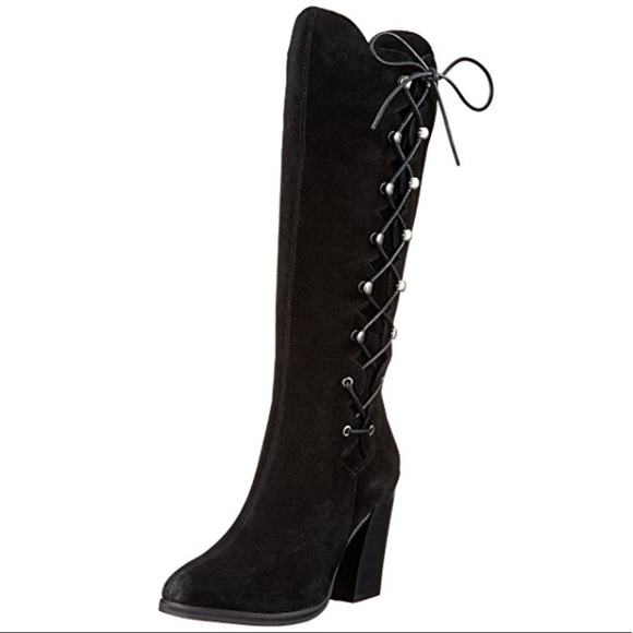 NIB Black Distressed Block Heel Lace Up Side Boots - Picture 3 of 6