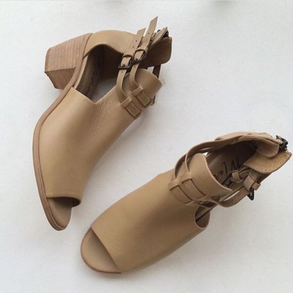Distressed Leather Cut Out Open Toe Buckle Booties