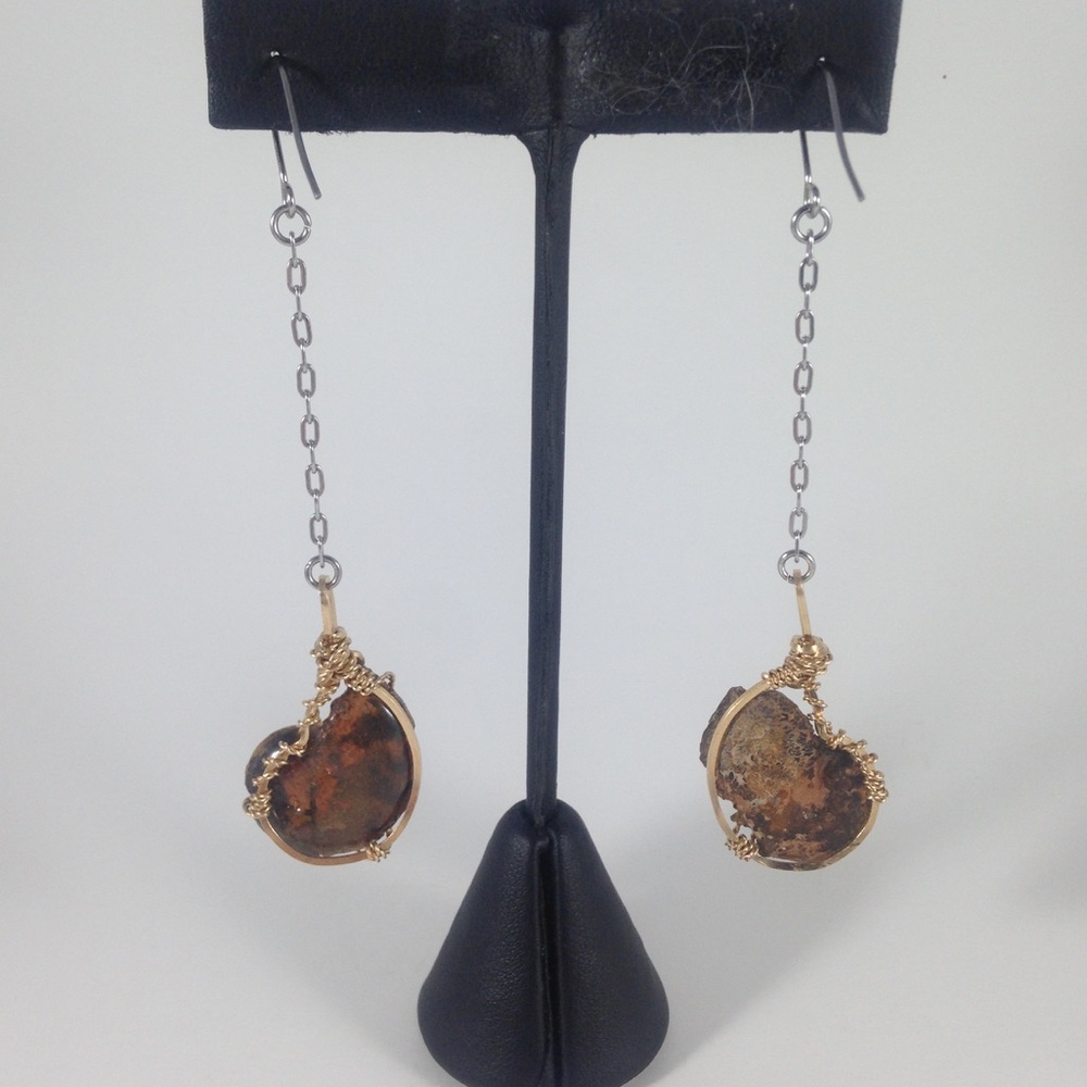 14k GOLD FILL Hematite Ammonite Wire Wrap Earrings - Picture 3 of 8