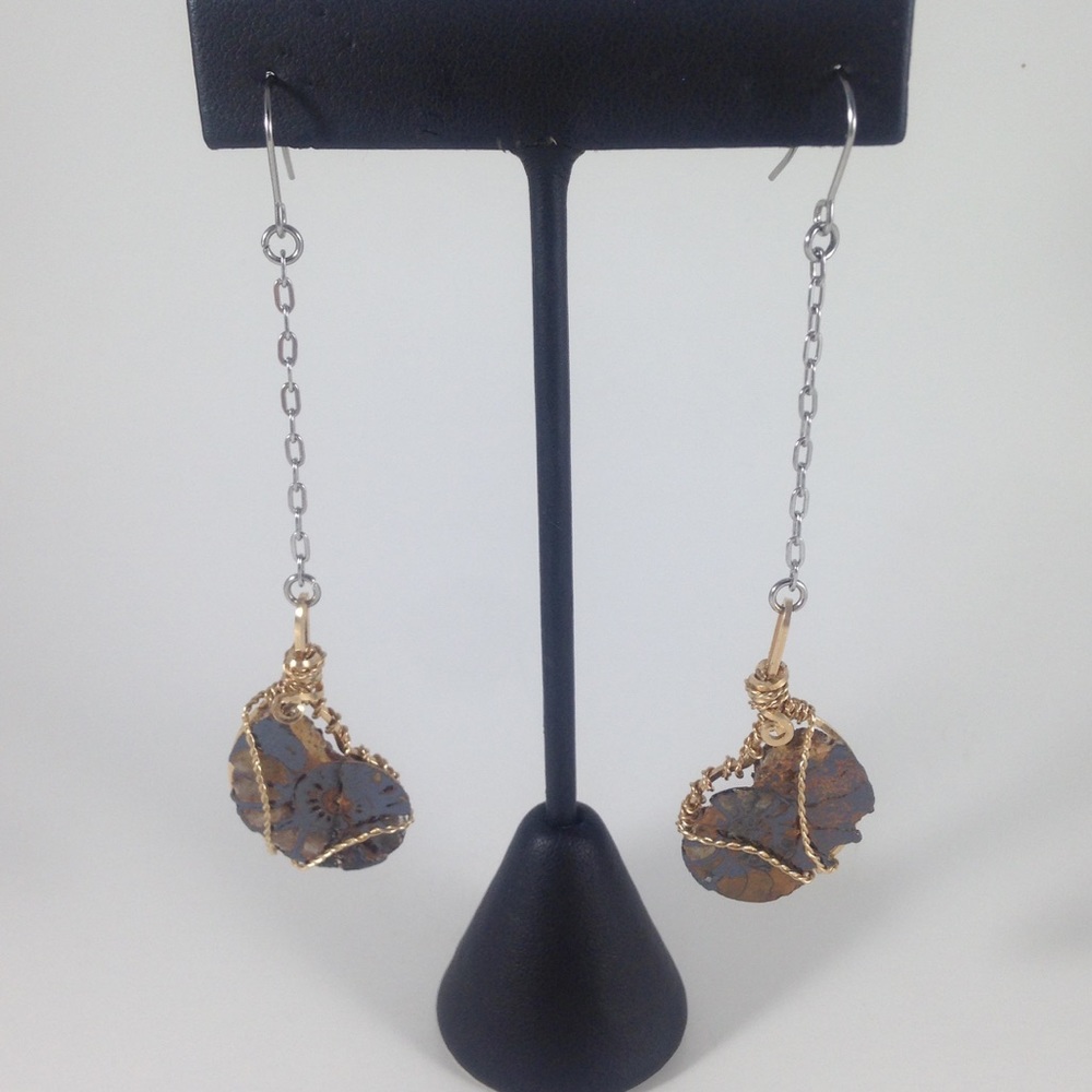 14k GOLD FILL Hematite Ammonite Wire Wrap Earrings - Picture 4 of 8