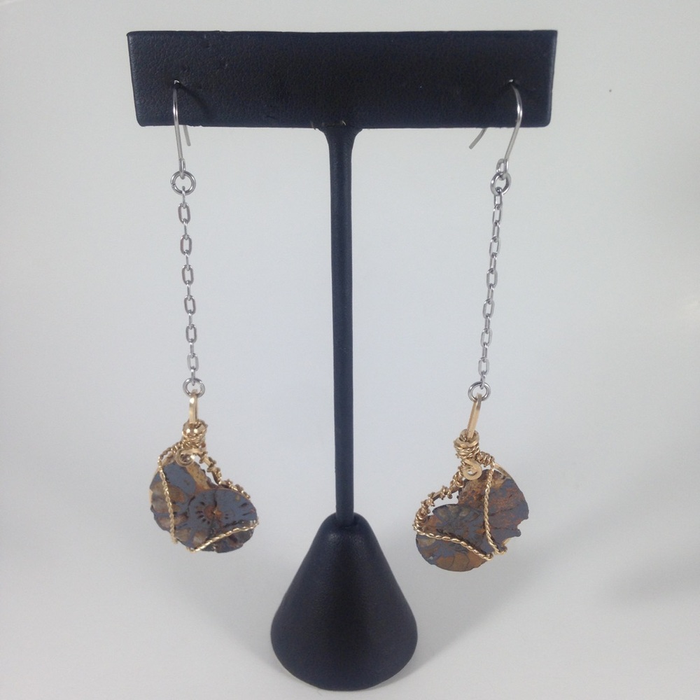 14k GOLD FILL Hematite Ammonite Wire Wrap Earrings - Picture 2 of 8