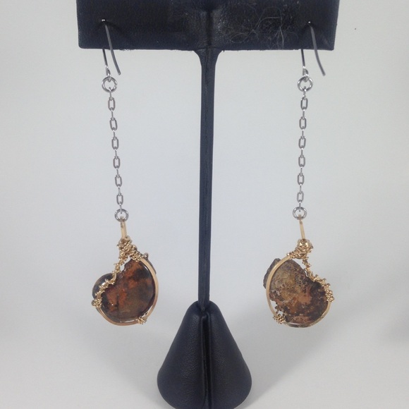 14k GOLD FILL Hematite Ammonite Wire Wrap Earrings - Picture 3 of 8
