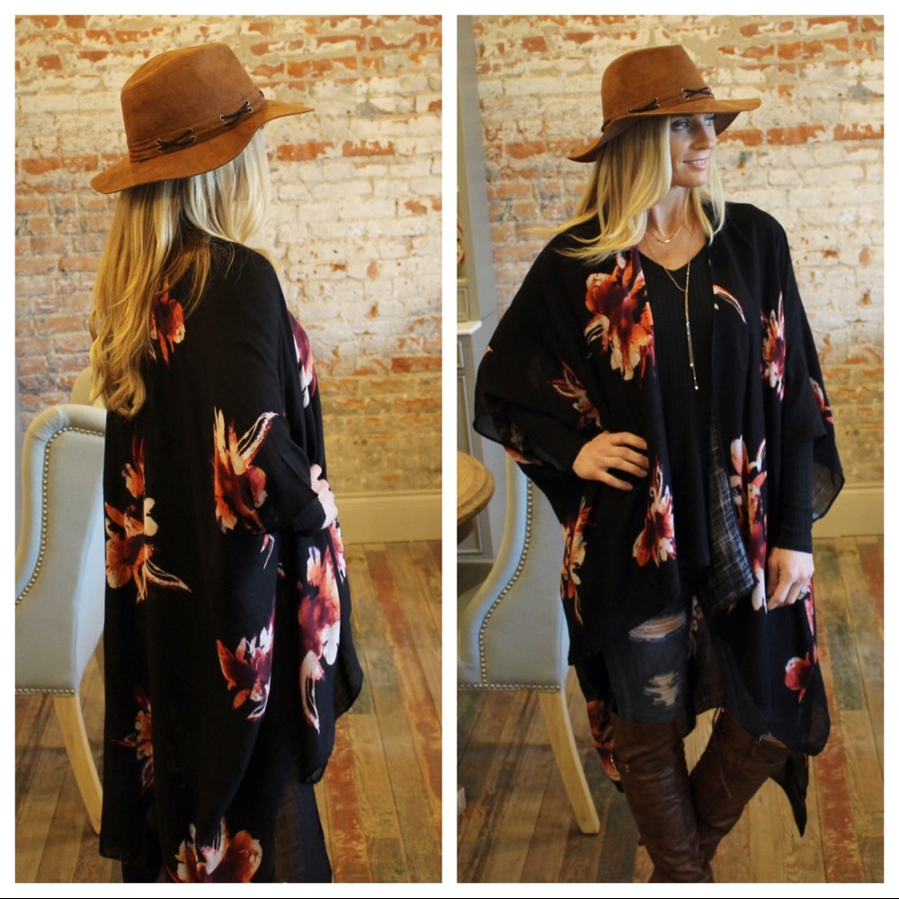 Black floral print long cardigan - Picture 2 of 4