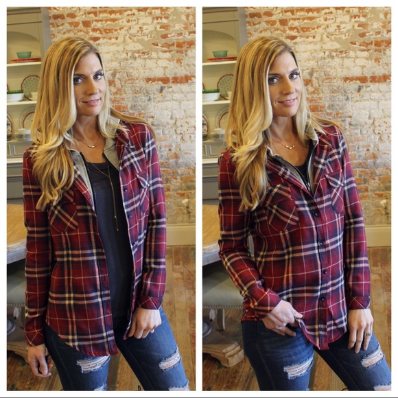 ✨LAST✨Burgundy-Navy Plaid hoodie flannel button up - Picture 2 of 3