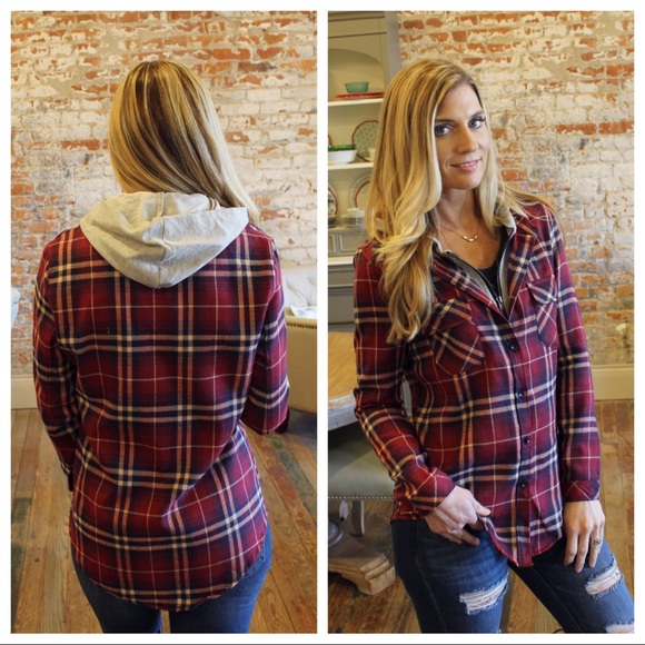 ✨LAST✨Burgundy-Navy Plaid hoodie flannel button up - Picture 3 of 3