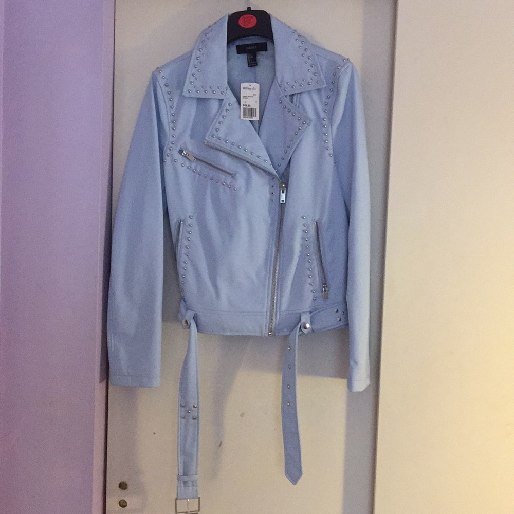 Faux-Leather Powder Blue Moto Jacket Forever 21
