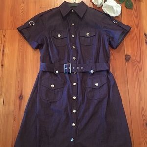 Purple short-sleeved button up dress.