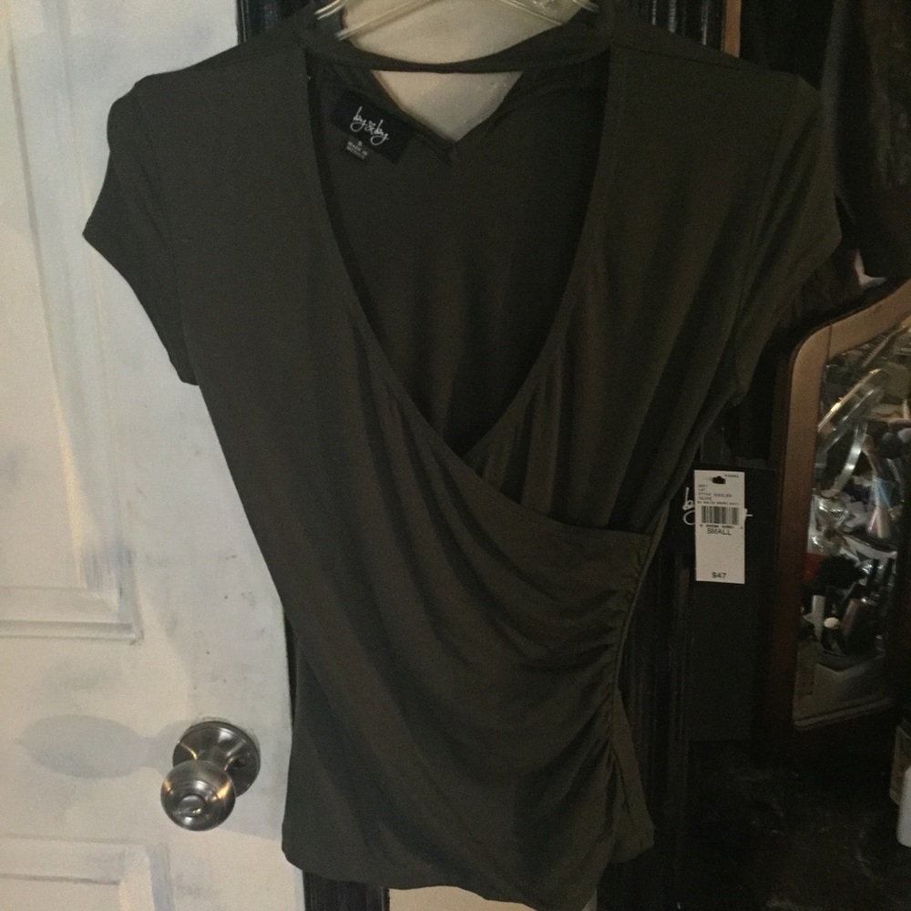 By & By Olive Green Fitted Lowcut V-Neck T-shirt