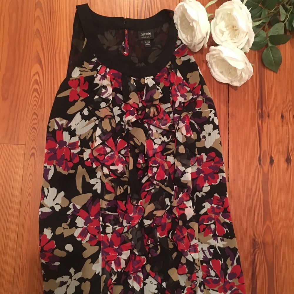 Red, Black, and tan floral sleeveless dress.