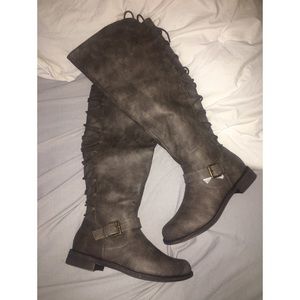 Grey, Lace-Up Over the Knee Boots