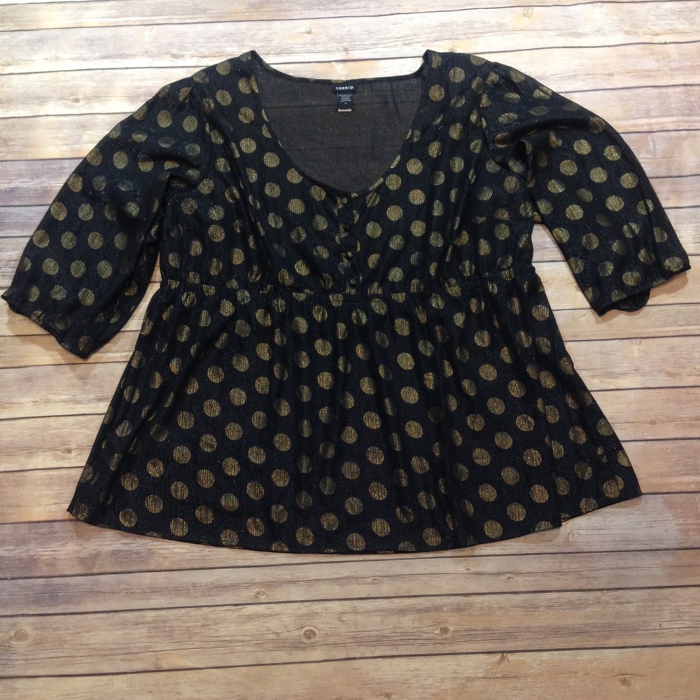 Torrid Black with Gold Polka Dots Blouse Size 4 - Picture 2 of 8
