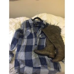 Blue Flannel-Like Button Down Blouse