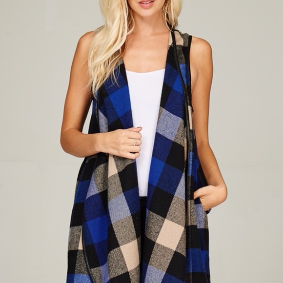 Lowest price! Blue black tan plaid open flowy vest - Picture 5 of 7