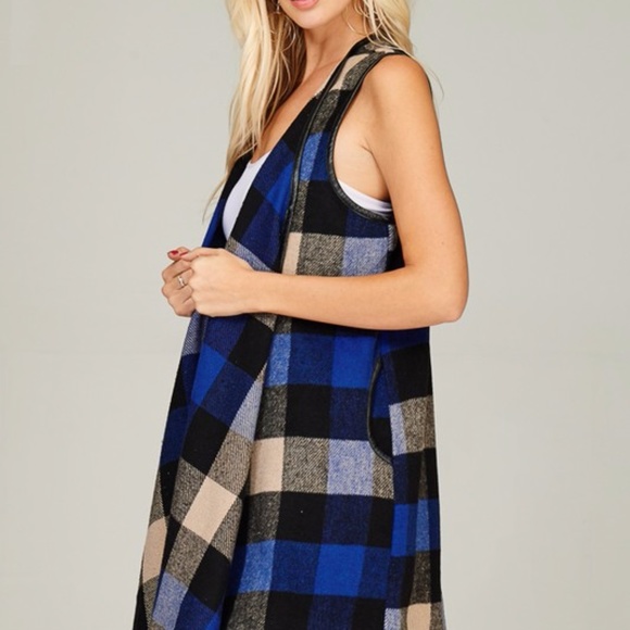 Lowest price! Blue black tan plaid open flowy vest - Picture 4 of 7