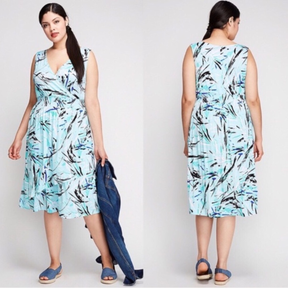 Lane Bryant Palm Stroke Turquoise Blue Dress