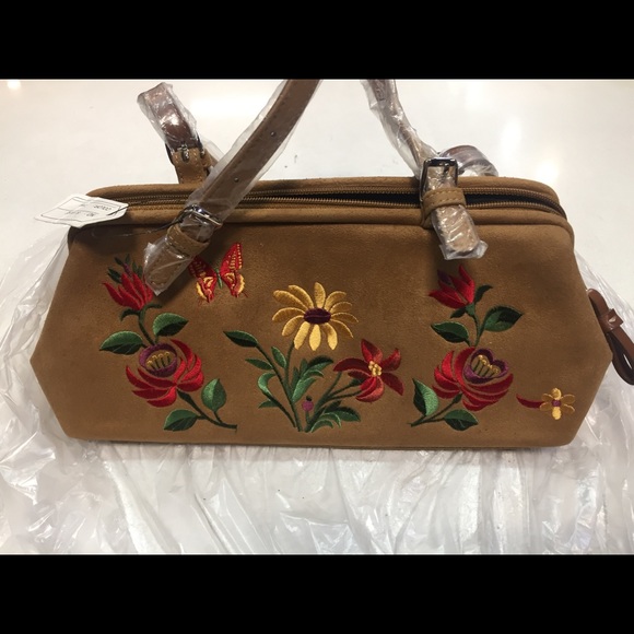 Floral Embroidered Saddle Bag | Fable England Suede Embroidered Tan Bag
