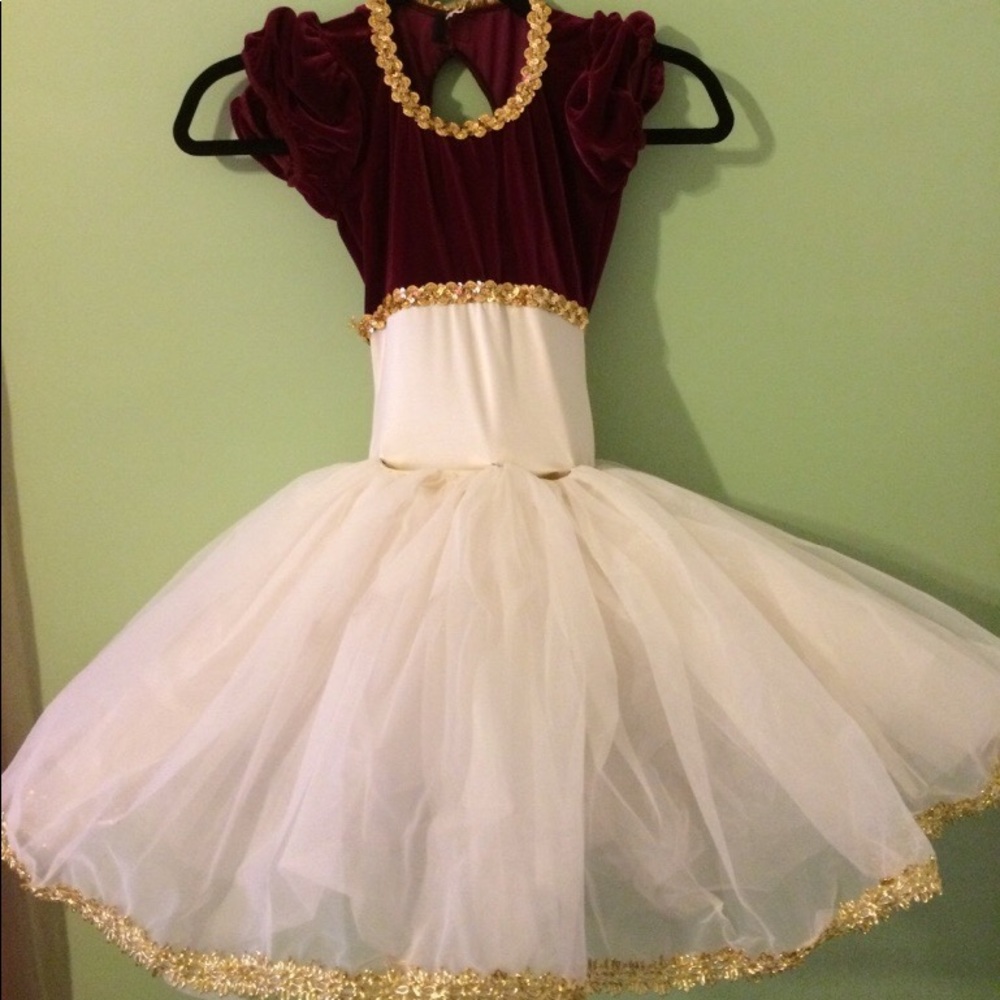 Velvet ballet costume with gold trim and tutu