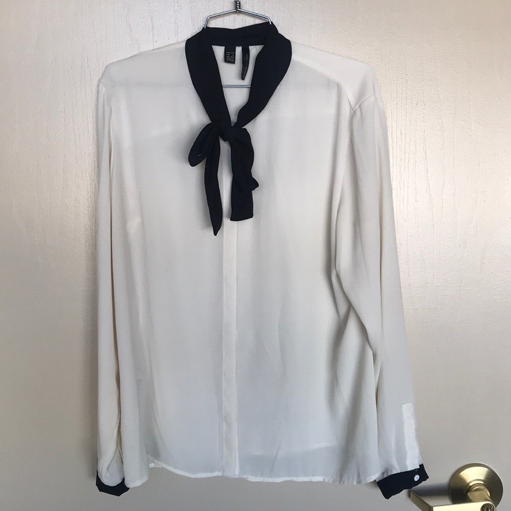 MNG by Mango Sheer Cream Blouse w/ Black Trim XL