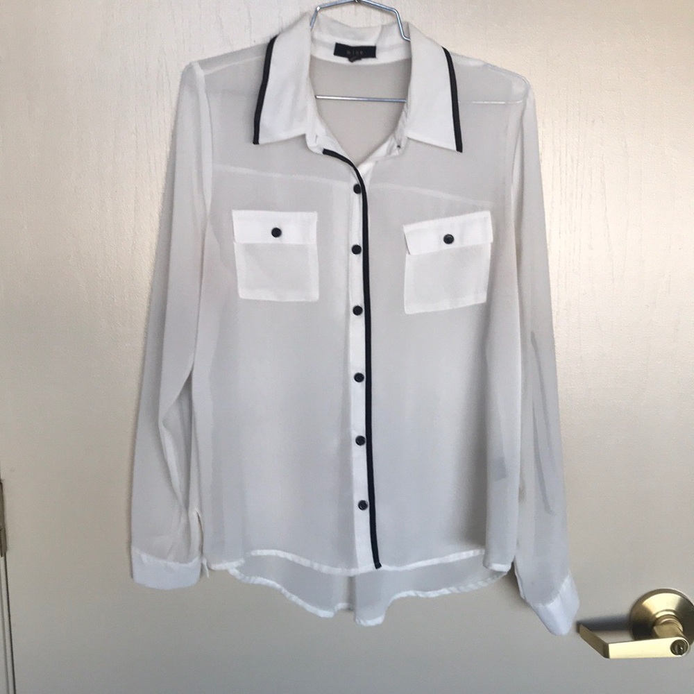 Buttoned Sheer White Blouse w/ Black Trim Large